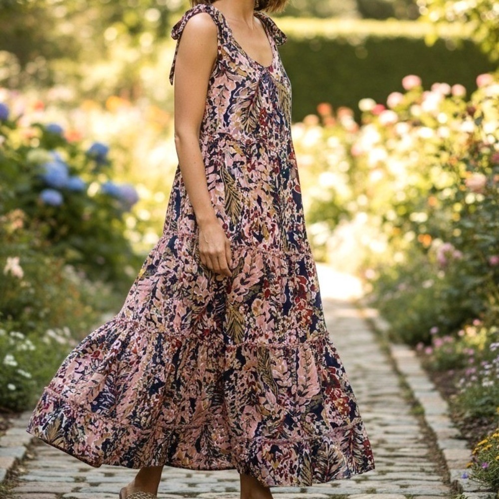 Sundress Summer Dress Blue Pink Gold Floral Tiered Boho Shoulder Tie Maxi S